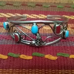 Sterling silver with turquoise & coral bracelet