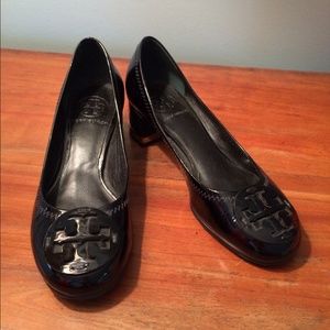 Black Tory Burch Amy Black Patent Leather Heel.