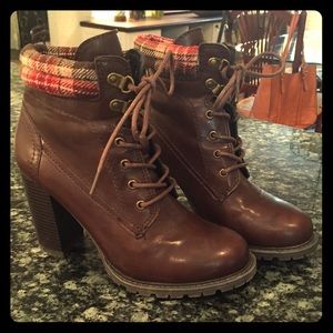 Brown Hiker Booties with Plaid Trim