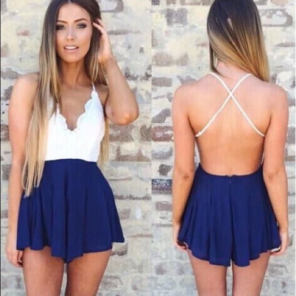 Urban Outfitters Other - blue and white crochet open back romper