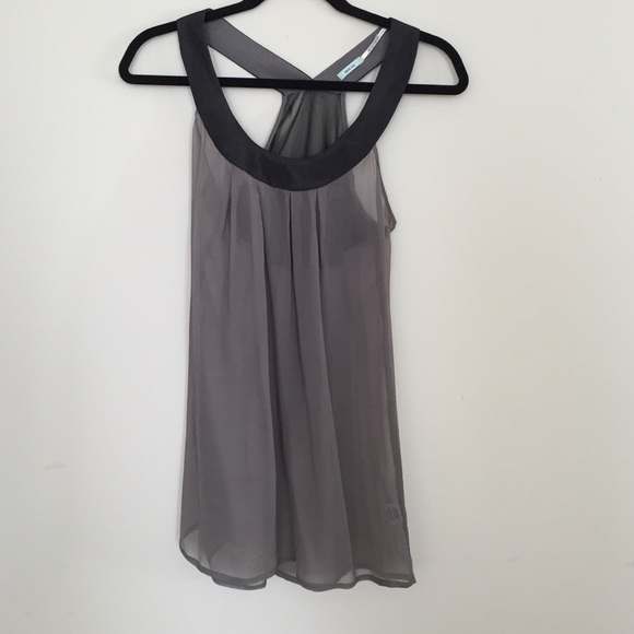 Grey and black sheer racerback top w/mesh detail