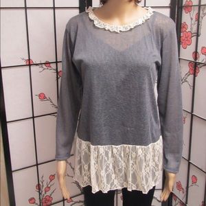 Grey top with lace collar & hem