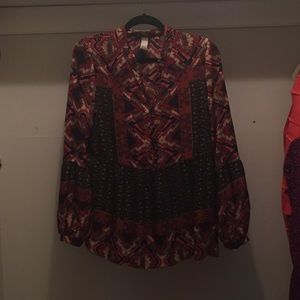 Anthropologie flowy multi pattern silk shirt