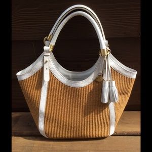 Brahmin white leather and woven straw