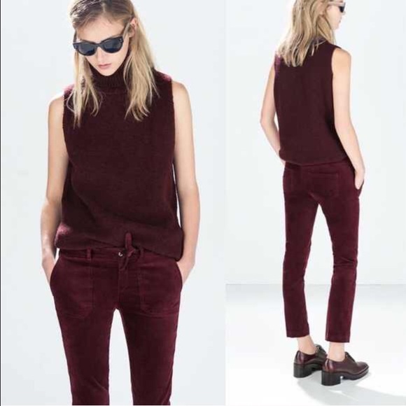 M | Zara Velvet Maroon Waist Tie Pants - Picture 1 of 4
