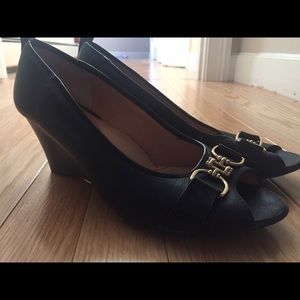 Peep Toe Leather Wedge Heel