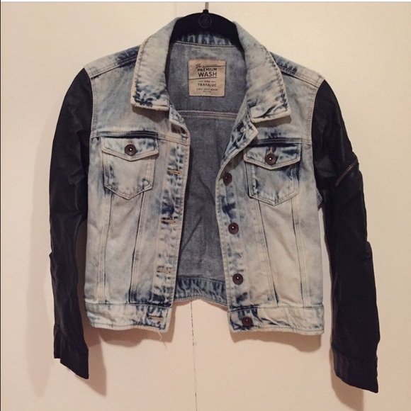 Denim jacket with faux leather sleeves