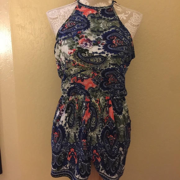 Pants - Paisley Floral Print Backless Halter Neck Romper