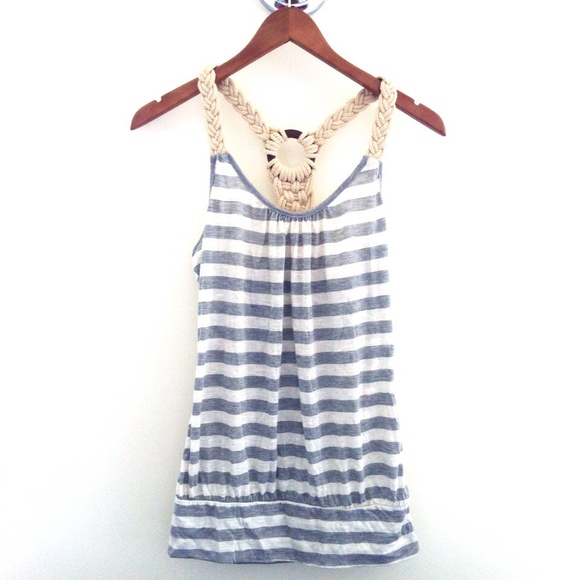Forever 21 White & Grey Striped Racerback Tank Top