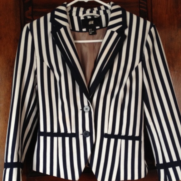 H&M Navy and White Striped 3/4 Blazer