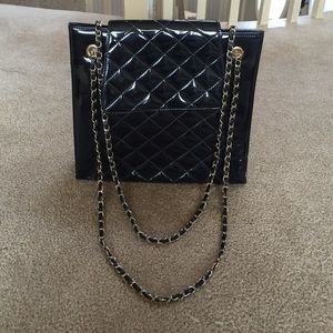 Black patent quilted square bag