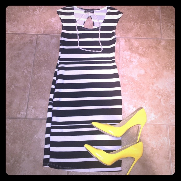 Black and white striped dress with keyhole back.