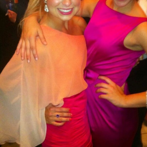 pink coral one shoulder block bandage dress - Picture 2 of 4