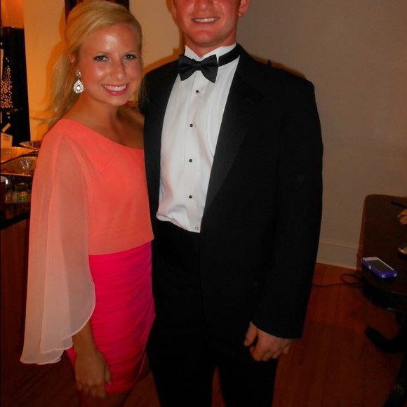 pink coral one shoulder block bandage dress - Picture 3 of 4