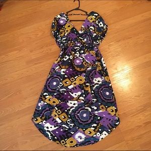 High Low Dress in purple, teal, gold and white