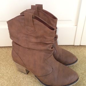 Brown 2 inch heeled booties.