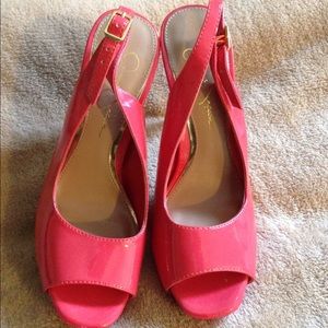 Pink peep toe Jessica Simpson heels with strap