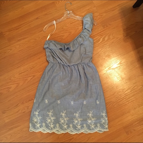 Embroidered one shoulder chambray dress