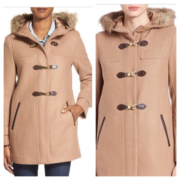 Cole Haan Faux Fur Trim Wool Blend Duffle Coat