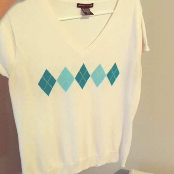 White sweater with Aqua/ turquoise squares
