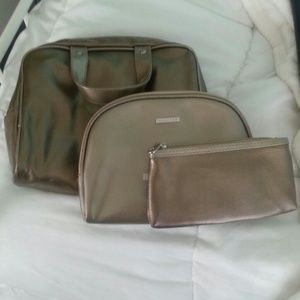 Faux leather makeup train case travel bag set