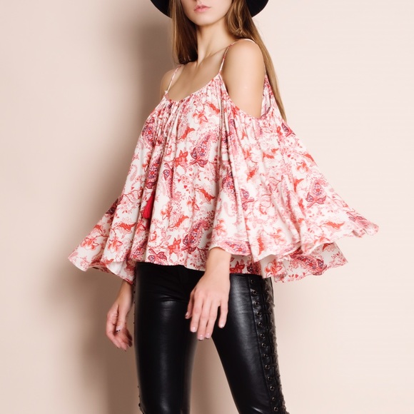 "Evening Star" Off Shoulder Printed Peasant Top - Picture 2 of 4