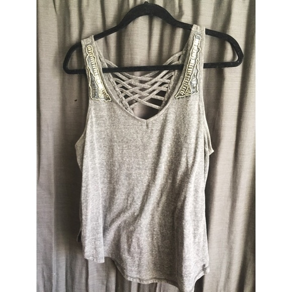 Grey jewled cross back tank