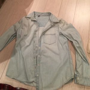Distressed chambray button down top