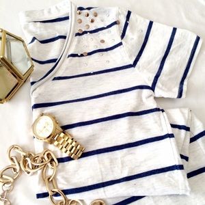 Blue & White Stripe Stud Shoulder T-Shirt