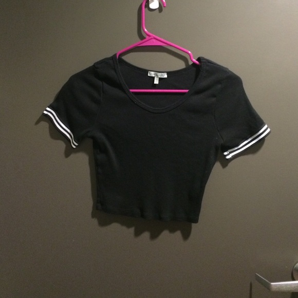 Black crop top with black & white striped sleeves