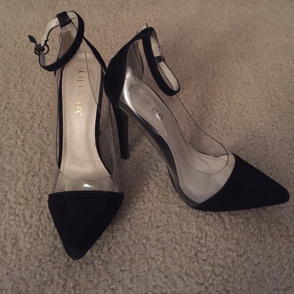 clear black pointy heels