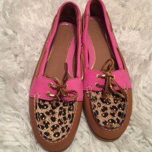 Sperry top sider hot pink leopard & gold grommets