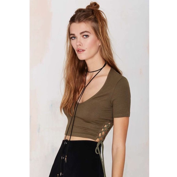 Nasty Gal V Neck Olive Green Lace Up Crop Top