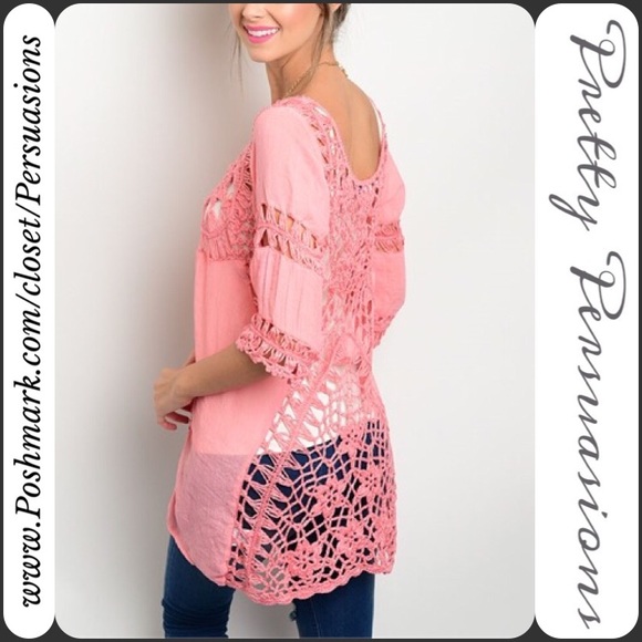 SOLD OUT  ✨ NWT Pink Crochet Scoop Neck Boho Top - Picture 2 of 2