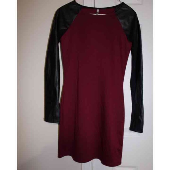 Maroon and Faux Leather Bodycon Dress