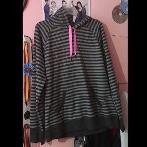 Grey Striped Pullover Hoodie w Pink Drawstrings