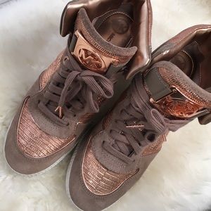 Michael Kors tan and rose gold wedge sneakers