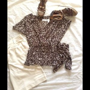 Brown and Cream Low cut waist tie blouse