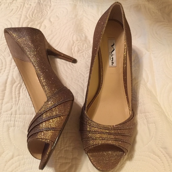 NINA gold open toe heels