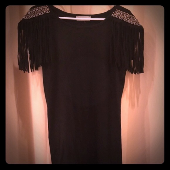 ALYTHEA Black Fringe T-shirt Dress w Silver Studs