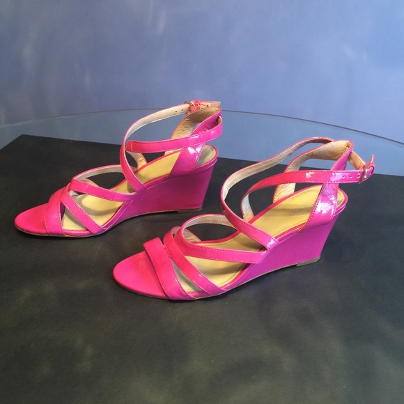 J. Crew Fuchsia Patent Leather Wedge Heel Sandals - Picture 1 of 4