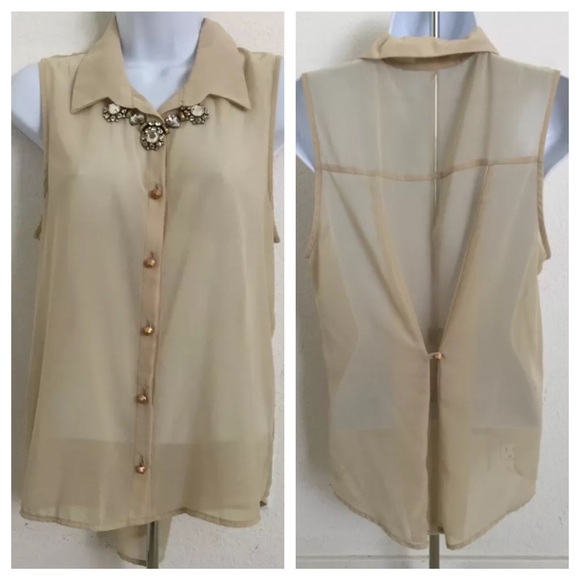 Tan Beige Sleeveless Sheer Button Up Blouse