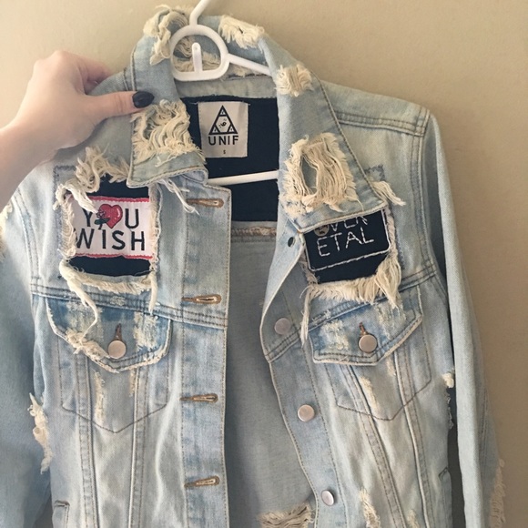 UNIF Distressed Denim Patched Jacket, Size Small