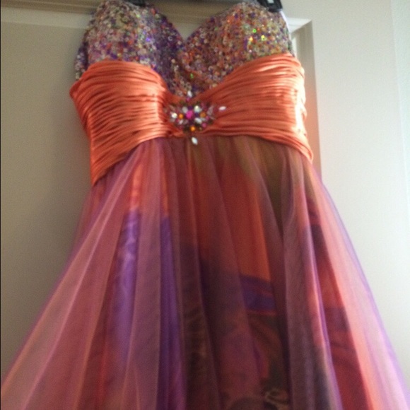 Orange and pink sequin prom dress