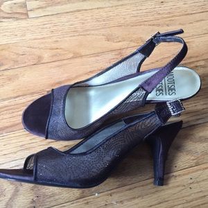 Brown satin sling-back heel