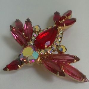 Vintage Red, Pink, & Gold bird brooche