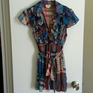 Sheer Top, Plaid pattern, ruffle upper, tie waist