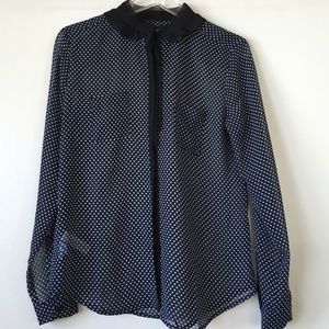 Sheer Navy Blue  Polka Dot Blouse Sz S