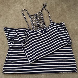 Navy/tan maxi dress.