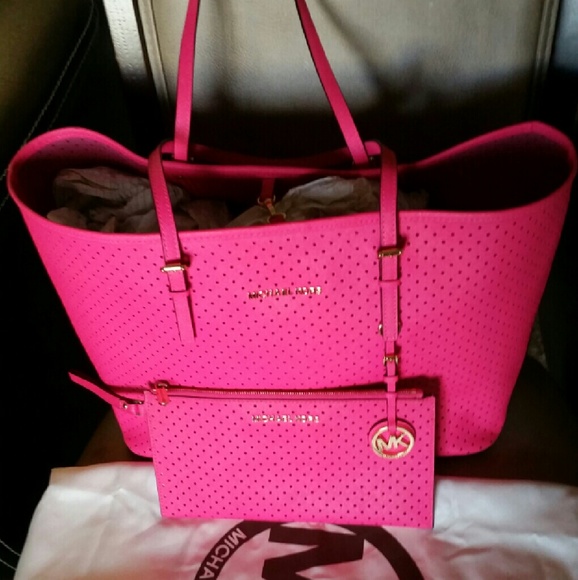 Michael kors neon pink perforated tote with clutch - Picture 2 of 4